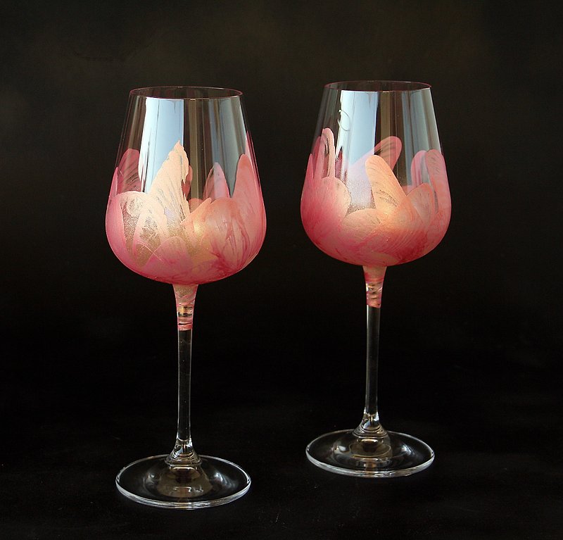 Pink Flamingo Wine Glasses, Hand Painted set of 2 - 酒杯/酒器 - 玻璃 粉红色