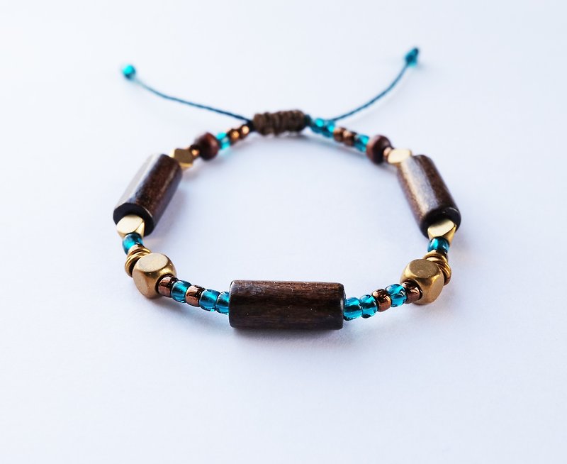 Dark wood teal string bracelet - 手链/手环 - 其他材质 蓝色