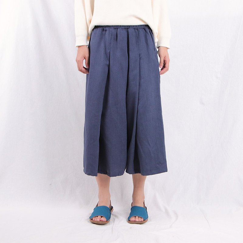 蓝 / 压褶八分裤裙 / T2128 - 女装长裤 - 棉．麻 蓝色
