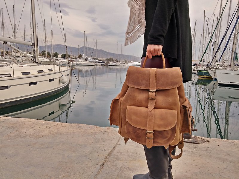 Waxed Leather Backpack from Full Grain Leather Handmade in Greece. LARGE size. - 后背包/双肩包 - 真皮 咖啡色
