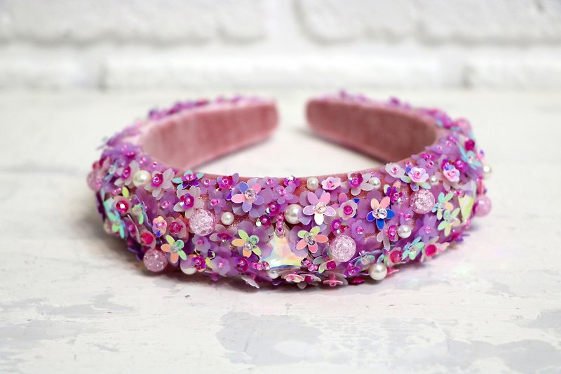 Lilac crystal perls headband Bridal gentle flowers tiara Diadem with flowers - 发带/发箍 - 玻璃 粉红色