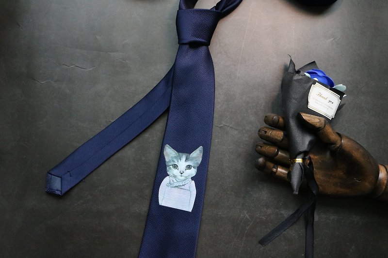 藍色真絲小猫印花領帶紳士風十足bolotie - 领带/领带夹 - 丝．绢 蓝色