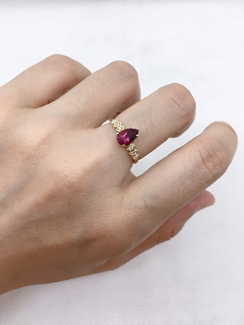 天然 卢比来 红 碧玺 18k 黄金 镶钻 尼泊尔 手工制 - 戒指 - 宝石 