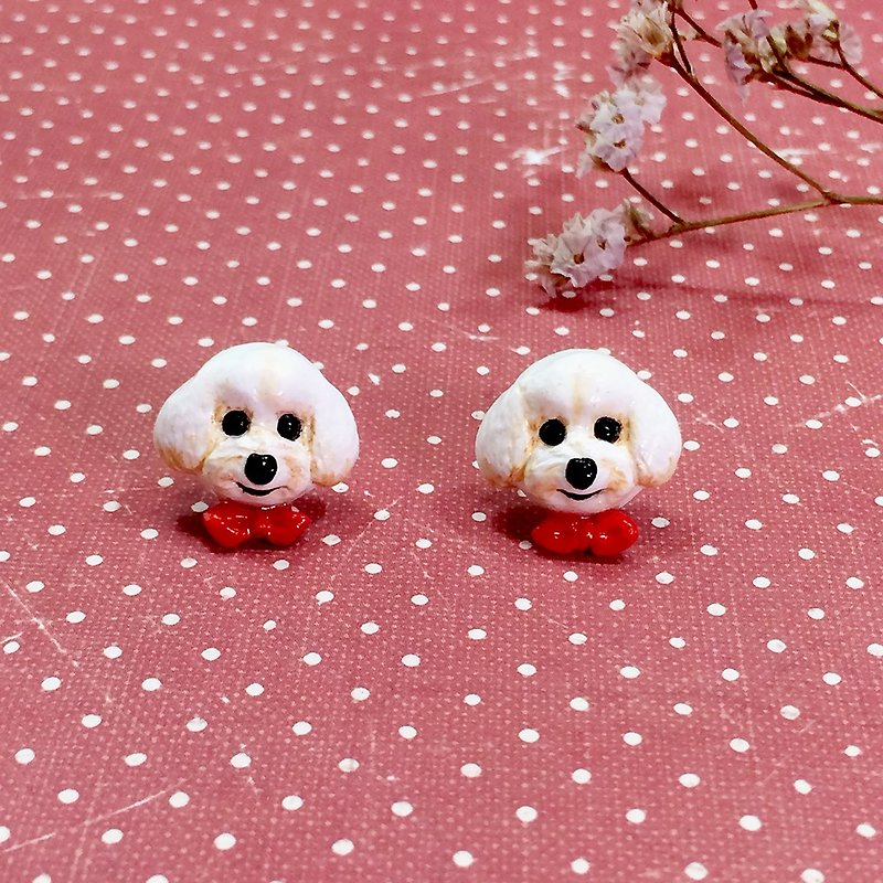 White Toy Poodle dog Earrings with red ribbon, Dog Stud Earrings - 耳环/耳夹 - 粘土 白色