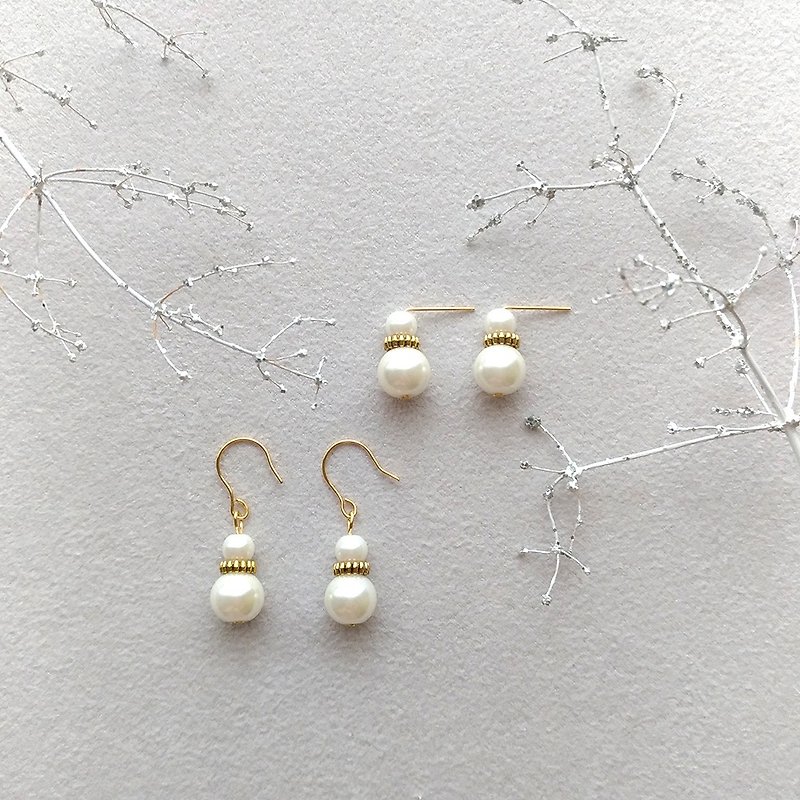 e058-雪人-黄铜珍珠针式夹式耳环 - 耳环/耳夹 - 珍珠 白色