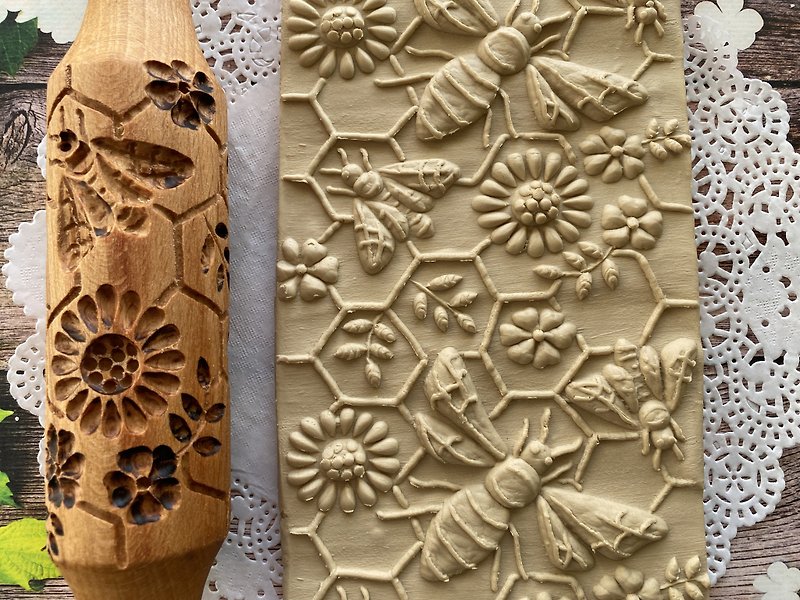 Bee's engraved rolling pin, honeycomb handmade rolling pin, ceramics designs. - 美食 - 木头 咖啡色