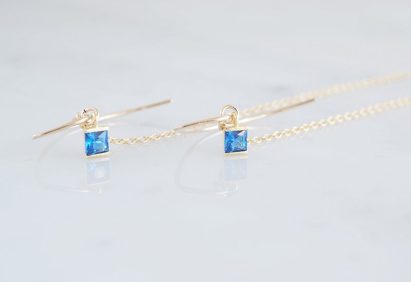 【14KGF/Siver925/Tiny】Leaf Hook Earrings, -CZ Square/Sapphire- - 耳环/耳夹 - 玻璃 蓝色