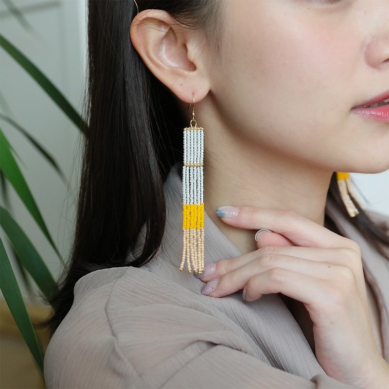 Beige-Yellow - 长款串珠流苏耳环 / 法式优雅 - 耳环/耳夹 - 其他材质 黄色