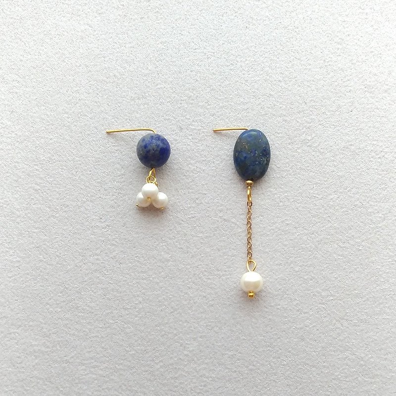 e049-遇见你-青晶石珍珠 针式夹式耳环 - 耳环/耳夹 - 宝石 蓝色