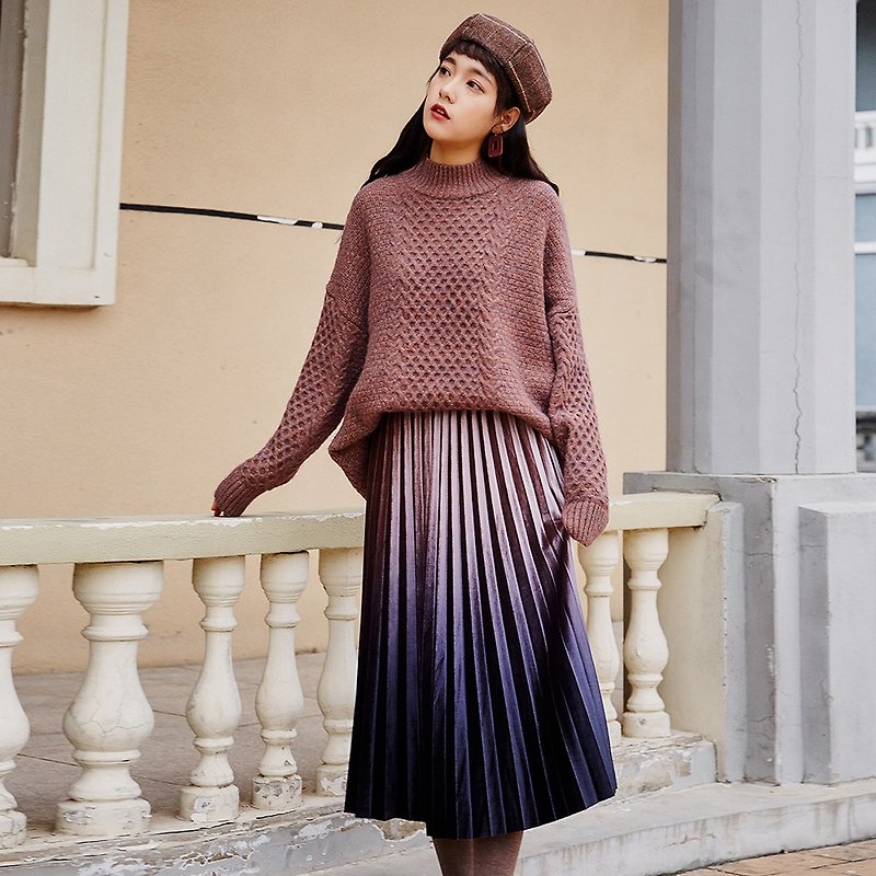2018女装冬季穿搭渐变色中长款百褶裙洋装 - 裙子 - 聚酯纤维 紫色