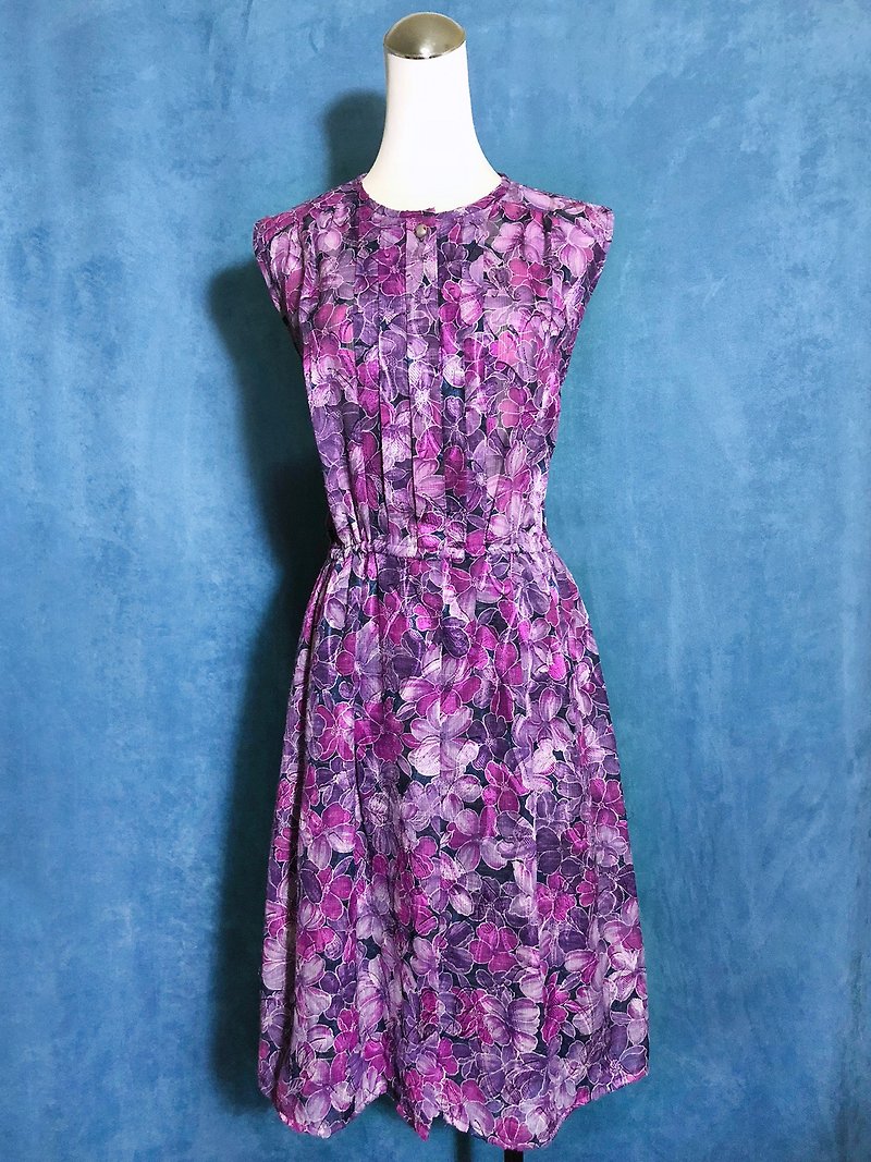 浪漫花朵织纹无袖古着洋装 / 国外带回 VINTAGE - 洋装/连衣裙 - 聚酯纤维 紫色