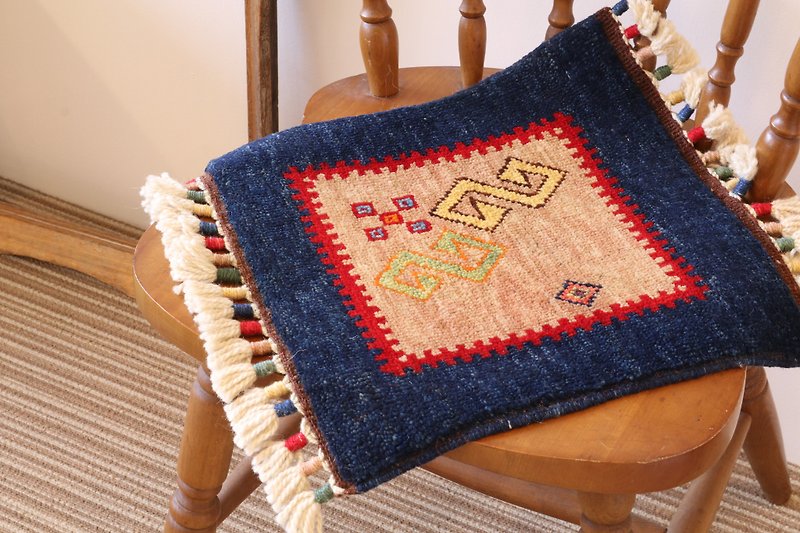 手織り 絨毯 座布団サイズ ウール&草木染め ベージュ×ネイビー - 被子/毛毯 - 其他材质 蓝色