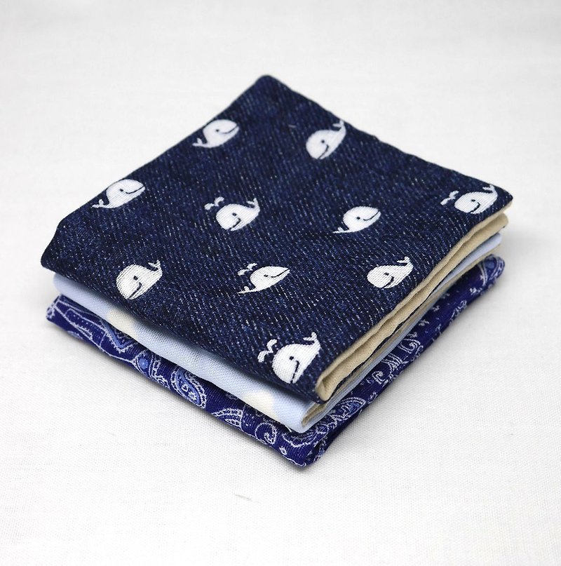 Japanese Handmade 6 layer of gauze mini-handkerchief/ 3 pieces in 1unit - 围嘴/口水巾 - 棉．麻 蓝色