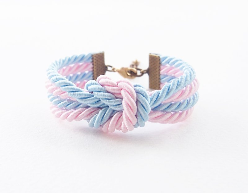 Blue and pale pink double knot bracelet - 手链/手环 - 其他材质 多色