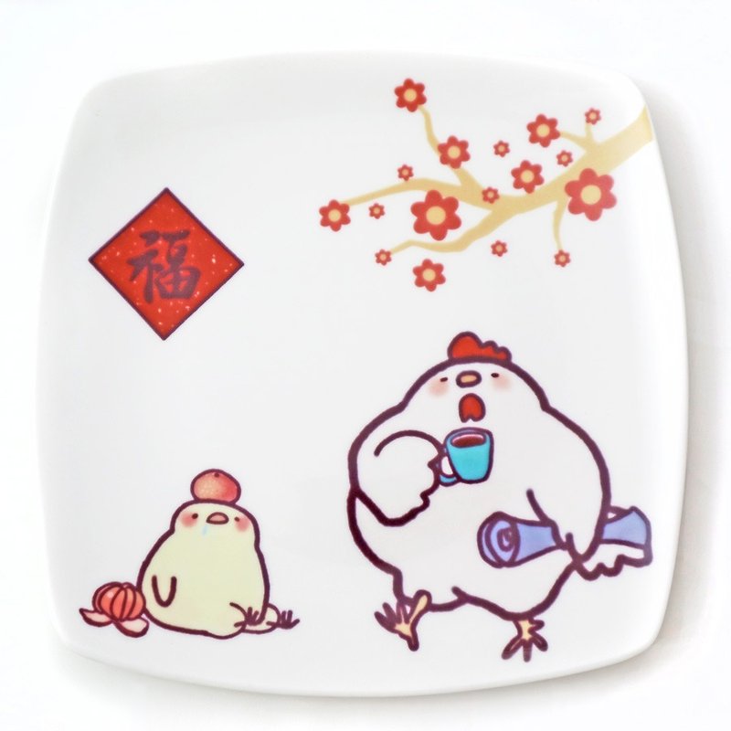 《陶缘彩瓷》方形白瓷盘-鸡家过新年 / 可微波 / 通过SGS - 浅碟/小碟子 - 瓷 红色