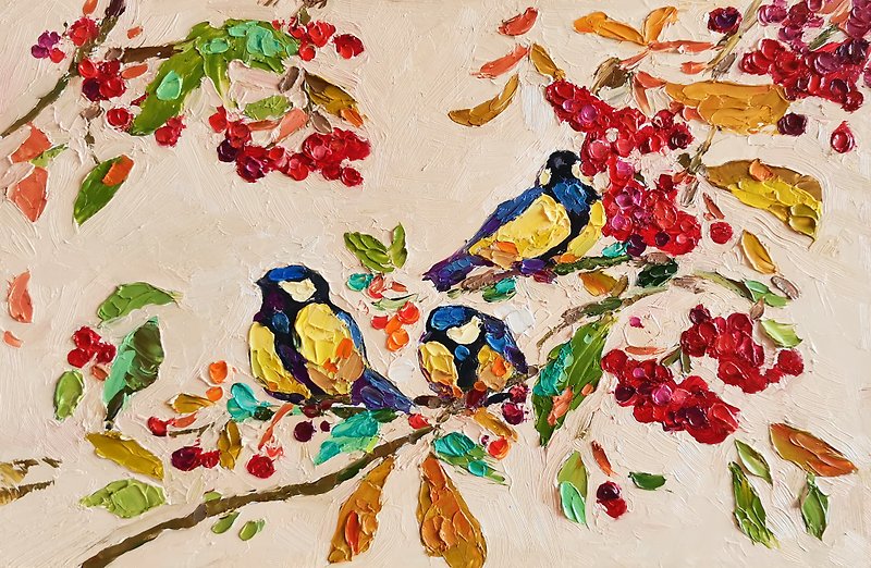 Chickadee Painting Oil Bird Original Art Animal Artwork - 海报/装饰画/版画 - 其他金属 红色