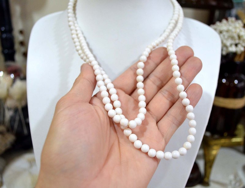 复古白色树脂圆珠长项链 高贵优雅 日本二手中古珠宝首饰古着 - 项链 - 其他材质 白色