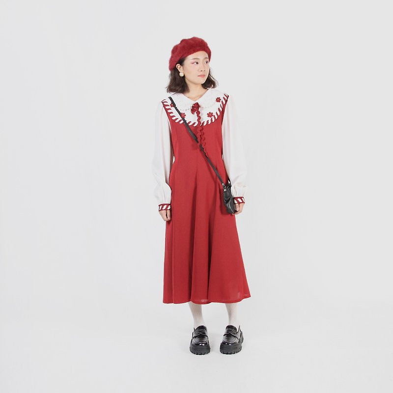 【蛋植物古着】红梅小姐精工织带蕾丝领古着洋装 - 洋装/连衣裙 - 聚酯纤维 红色