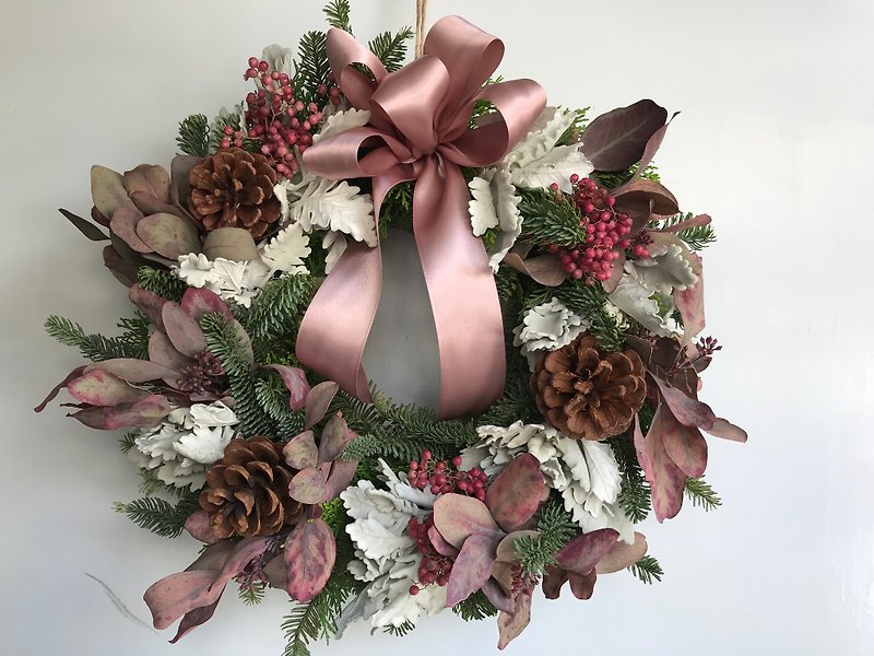 粉红尤加利叶松果圣诞大花圈-36厘米(精美包装盒) - 干燥花/捧花 - 植物．花 粉红色