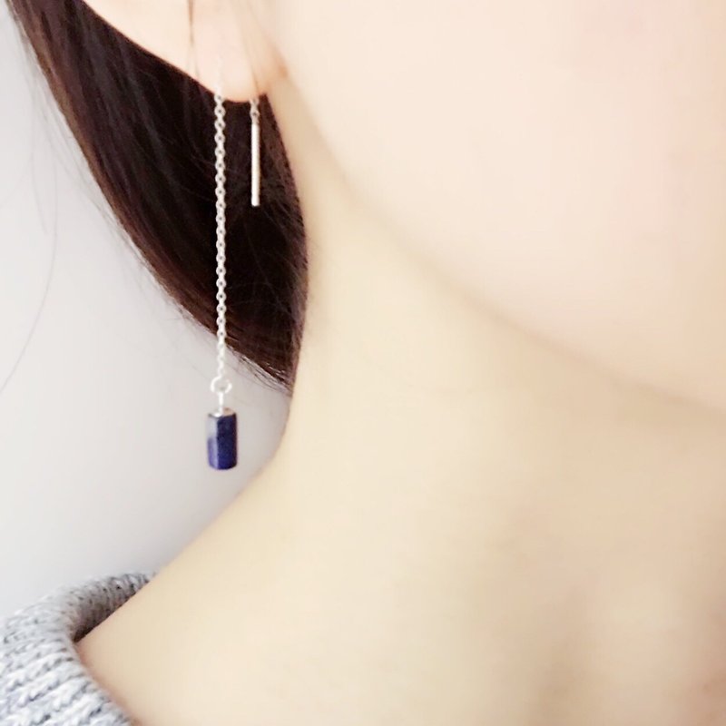 青金石耳链 S925纯银耳环 抗过敏 - 耳环/耳夹 - 纯银 蓝色