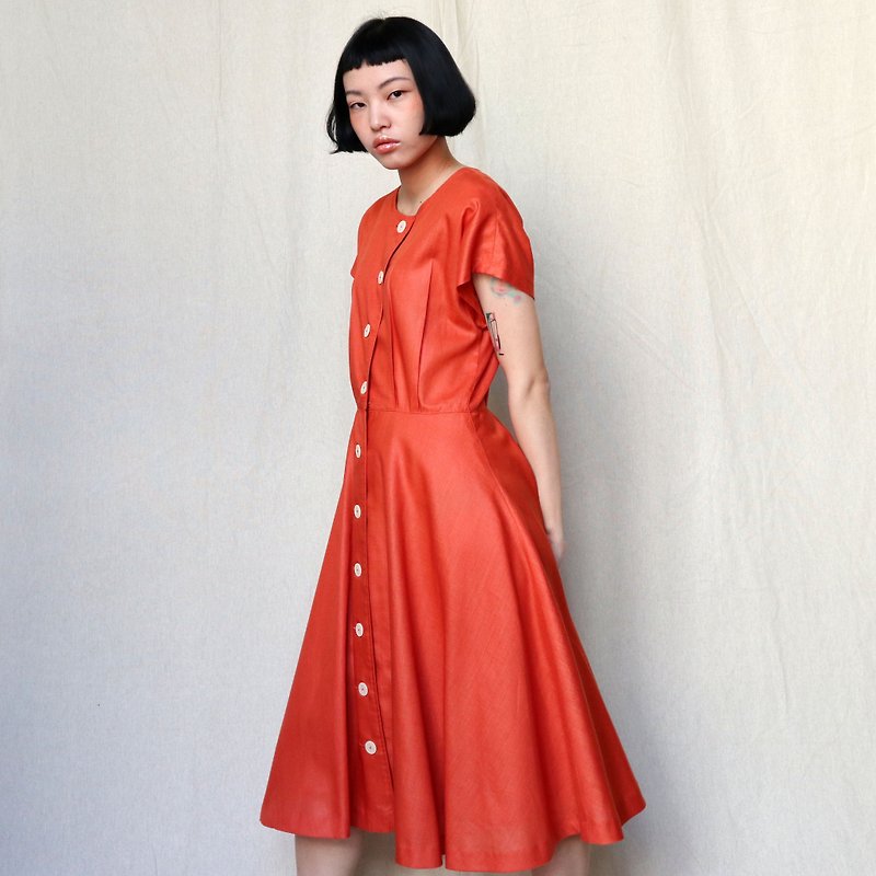 南瓜Vintage。古着 橘色 宽版 圆领 排扣 洋装 - 洋装/连衣裙 - 聚酯纤维 橘色