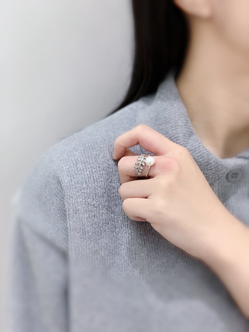 超美樹枝樹葉鑲鋯石珍珠可調節開口戒指  食指戒 - 戒指 - 纯银 银色