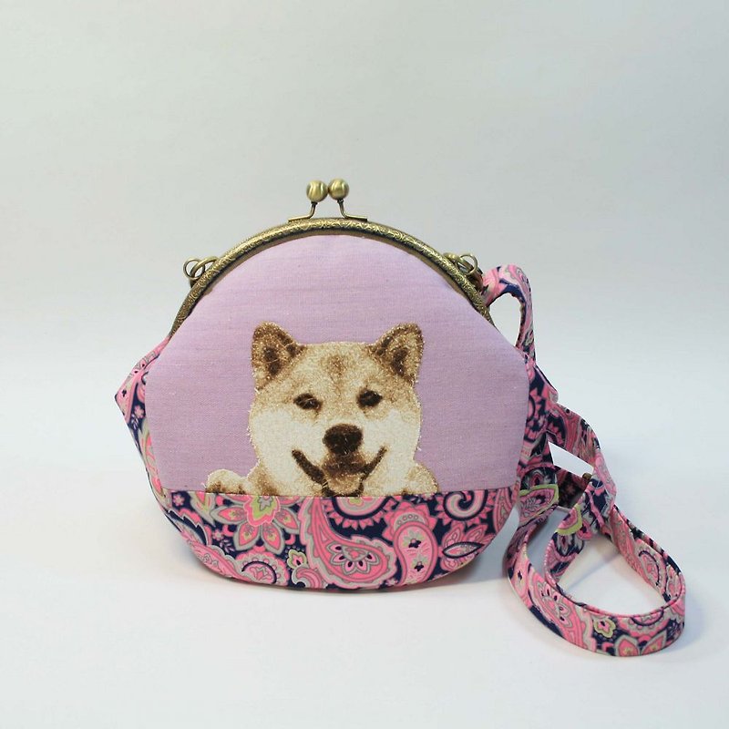 刺绣 20cmU型口金斜背包09-柴犬 - 侧背包/斜挎包 - 棉．麻 粉红色