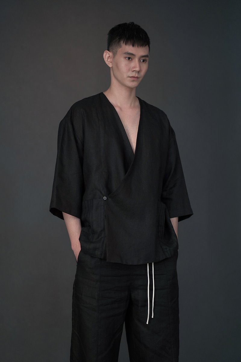 Wrapped Button Kimono - 男装外套 - 亚麻 黑色