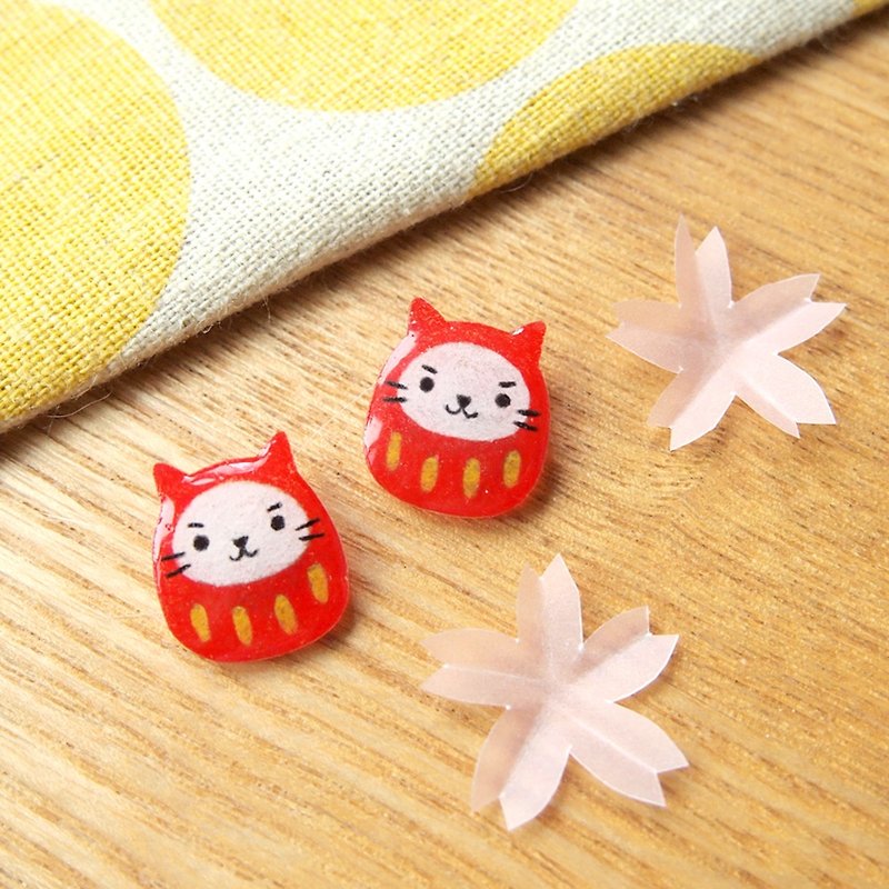 Meow原创手作达磨猫猫耳环 (两只达磨猫猫为一对) 可改夹式 - 耳环/耳夹 - 塑料 红色