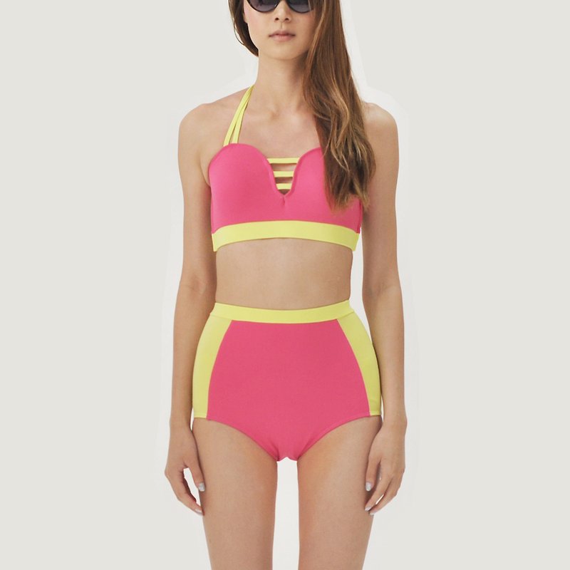 "Love Pocket set"迷人露背高腰两件式泳装/粉红色+黄色 - 女装泳衣/比基尼 - 其他材质 粉红色