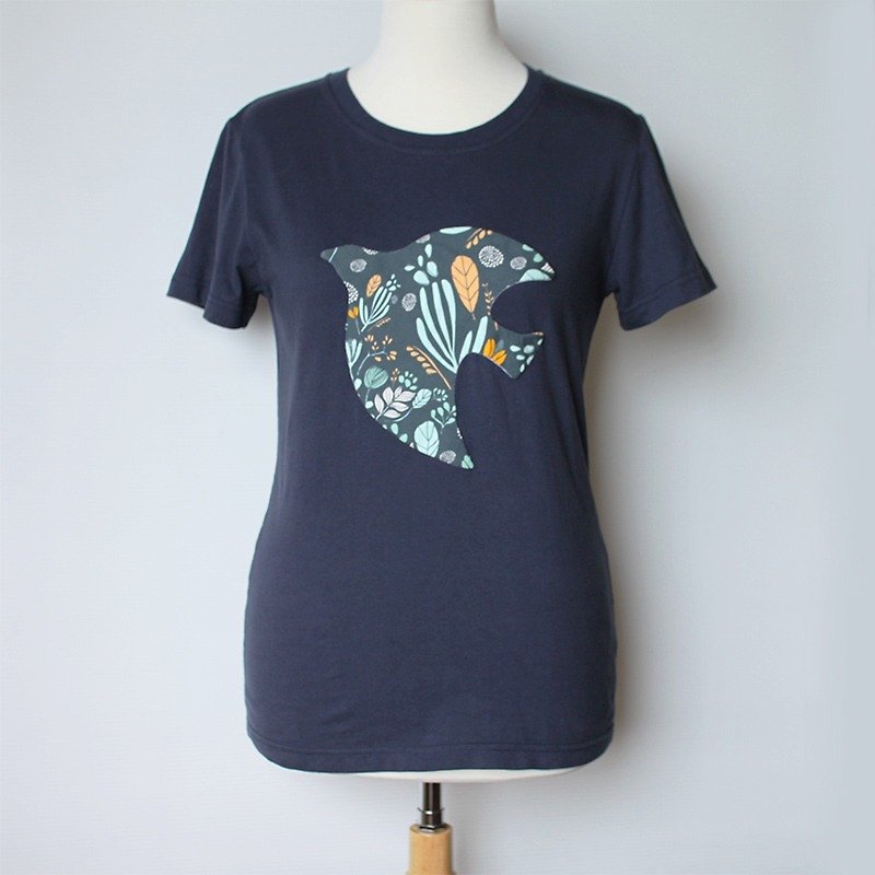 花园飞鸟短袖T-shirt - 女装 T 恤 - 棉．麻 蓝色