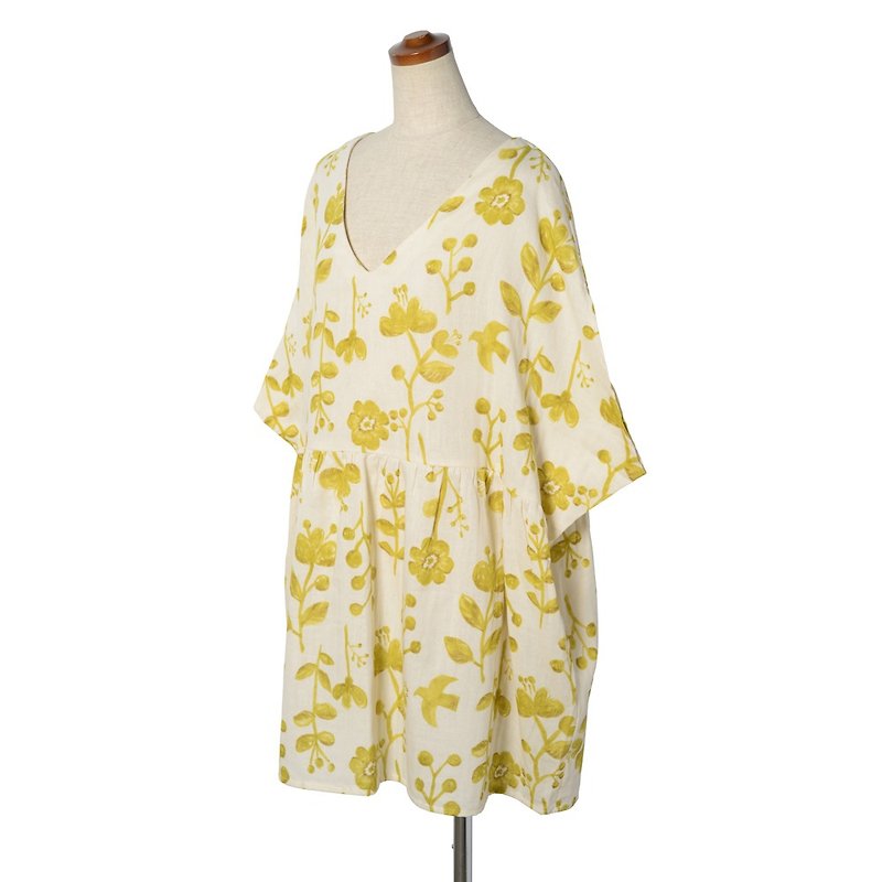 花と鳥のチュニックワンピース：ダブルガーゼ：ミモザイエロー - 洋装/连衣裙 - 棉．麻 白色