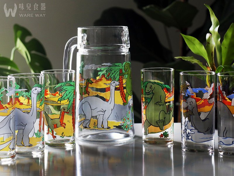早期壶杯组－恐龙乐园 (餐具/旧货/老物/玻璃/图案/花样) - 茶具/茶杯 - 玻璃 多色