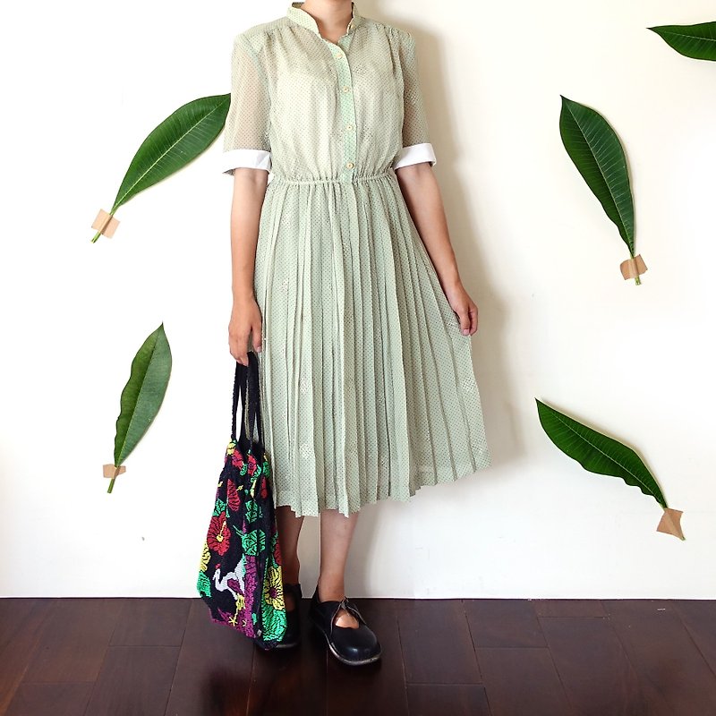 BajuTua/古着/粉绿点点雪纺洋装 - 洋装/连衣裙 - 聚酯纤维 绿色