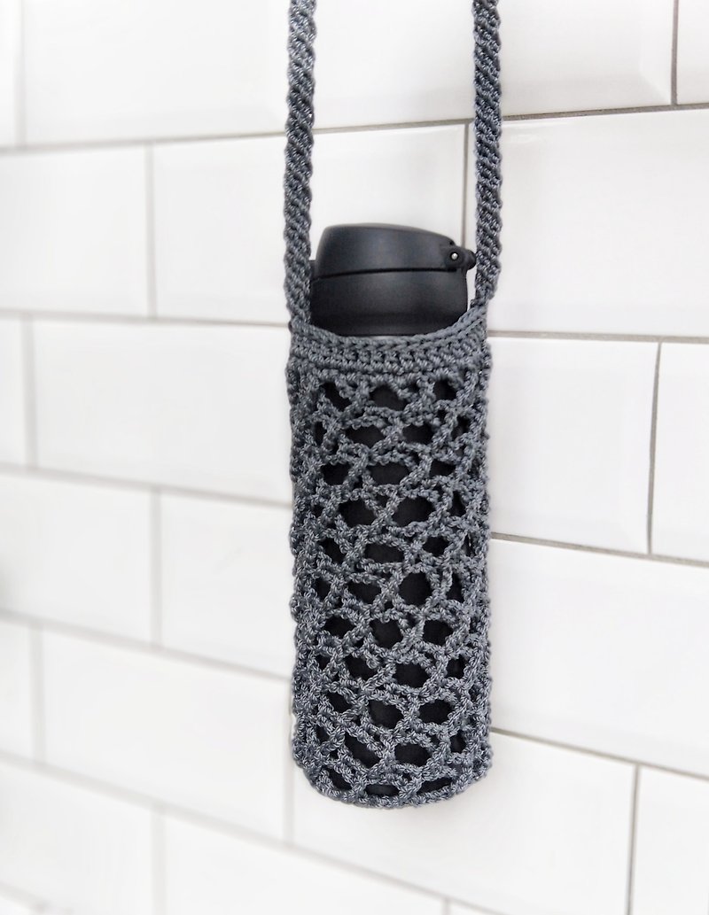 【好日手作】特殊线编织 手作水壶提袋(灰) - 随行杯提袋/水壶袋 - 其他材质 灰色