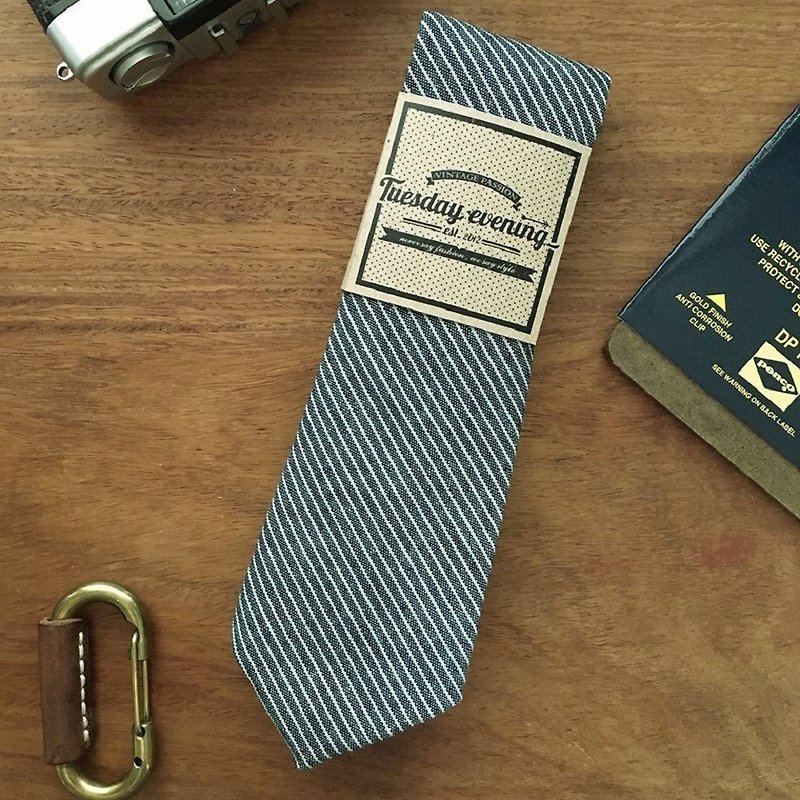 Neck Tie Black Jean Stripe - 领带/领带夹 - 棉．麻 黑色