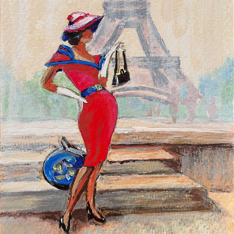 明信片 艾菲尔铁塔 绘画 巴黎 城市景观 原创艺术 法国 具象 - 海报/装饰画/版画 - 其他材质 红色