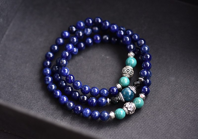 深蓝方钠石+磷灰石+硅孔雀石三圈手链 - 手链/手环 - 水晶 蓝色