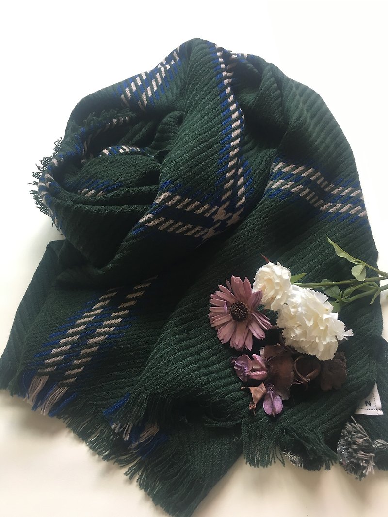 ビックチェック　手織りショール - 丝巾 - 其他材质 绿色