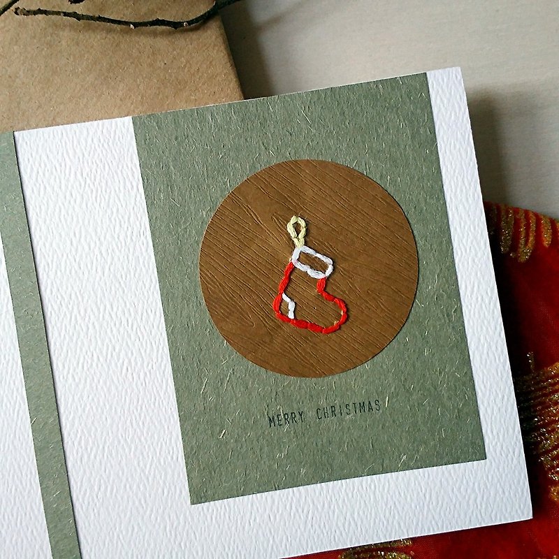 手缝图像圣诞卡(圣诞袜)(原稿) - 卡片/明信片 - 纸 多色