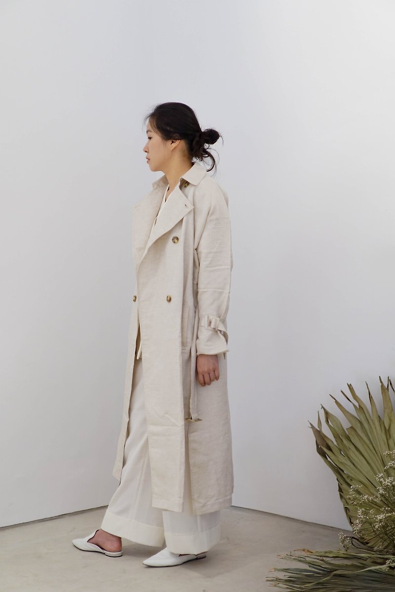 Oversized Linen Trench Coat Beige - 女装西装外套/风衣 - 亚麻 