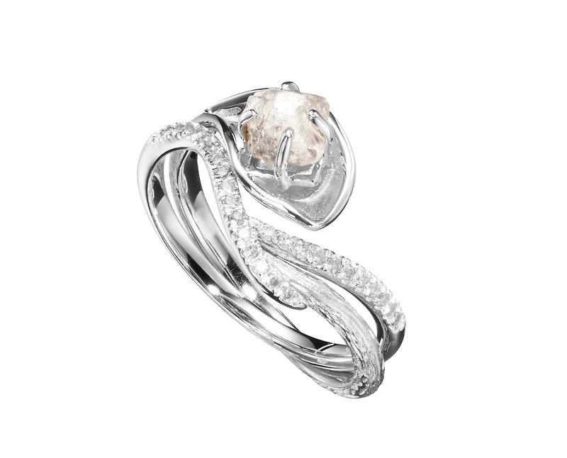14k白金钻石钻胚马蹄莲结婚戒指组合 海芋花原石密镶求婚戒指套装 - 对戒 - 钻石 银色