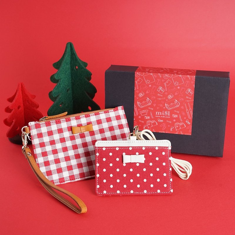 [圣诞特价礼盒组] mi81 甜心零钱手拿包加证件套 圣誔红格 - 手拿包 - 棉．麻 红色