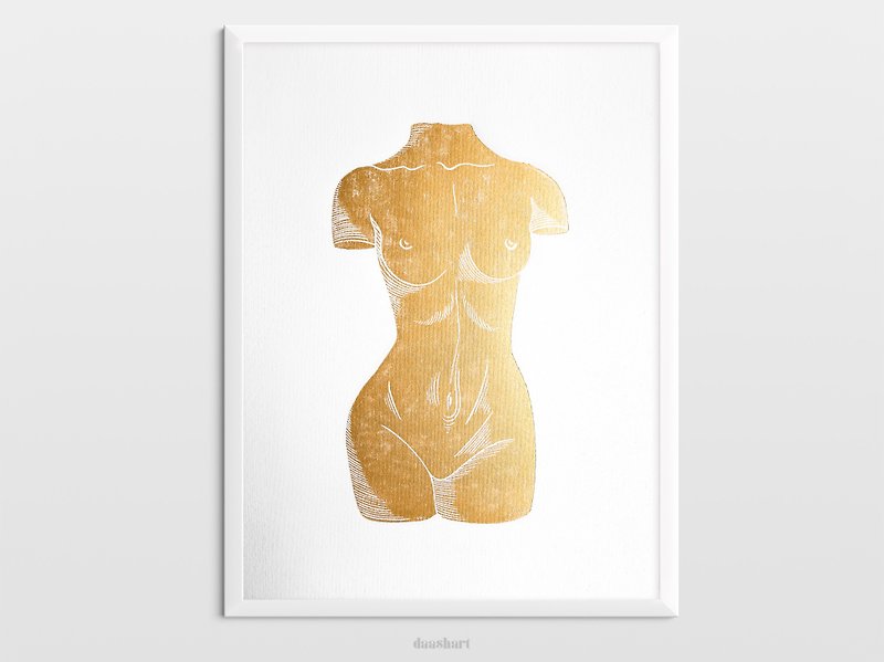 Gold nude woman art print Linocut print Bust original artwork - 海报/装饰画/版画 - 纸 金色