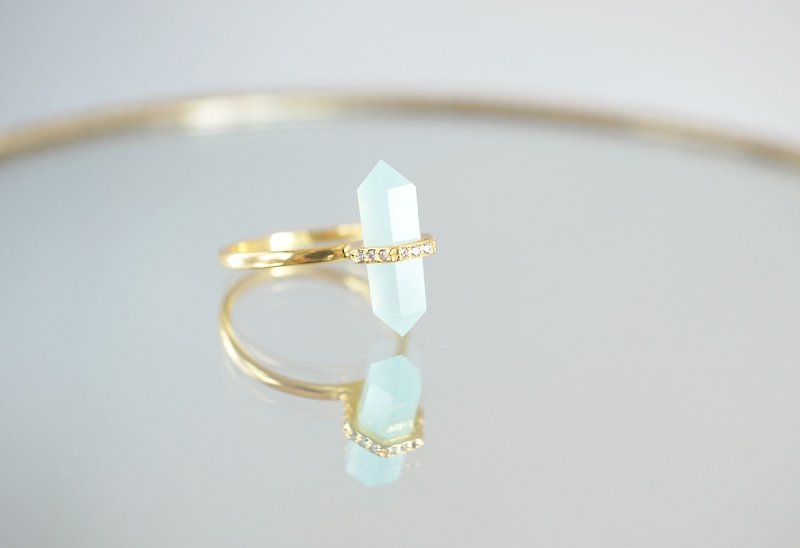 【Gold Vermeil/Gemstone】Aqua Chalcedony,White Zircon Gold Ring - 戒指 - 宝石 蓝色
