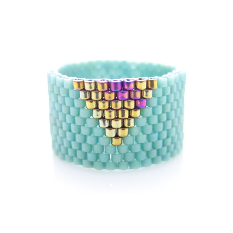 Beaded Mint Ring, Mint Triangle Ring, Gold Triangle Ring, Dreadlock Bead, Geometric - 戒指 - 玻璃 蓝色