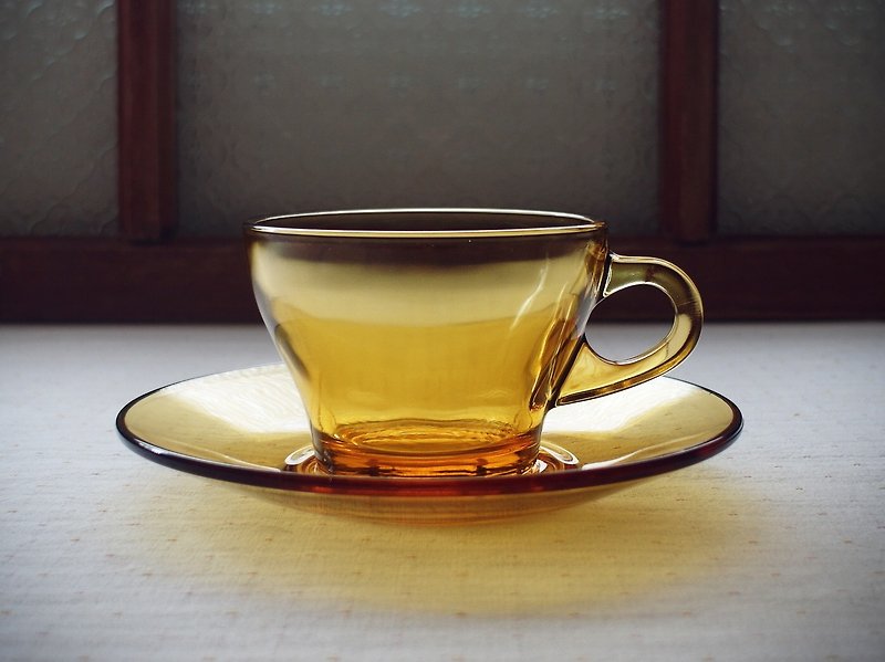 早期蜂蜜色咖啡杯碟组-围圆 赠杯架 (餐具/旧货/老物/玻璃/褐色) - 咖啡杯/马克杯 - 玻璃 橘色