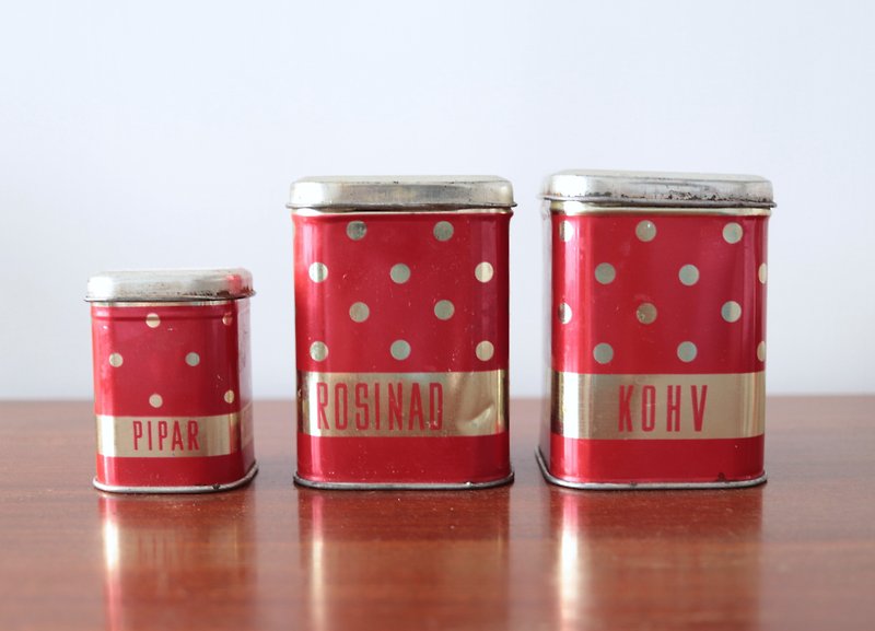 70年代爱沙尼亚制胡椒/葡萄干/咖啡老铁罐三件组 - 厨房用具 - 其他金属 红色