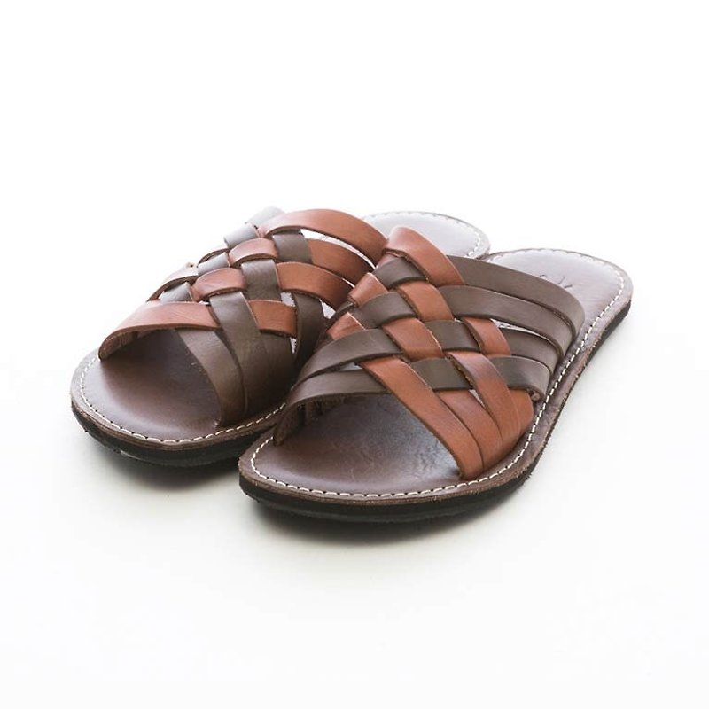 ARGIS Vibram双色牛皮编织拖鞋 #33124深/浅咖啡色 -日本手工制 - 男款皮鞋 - 真皮 咖啡色