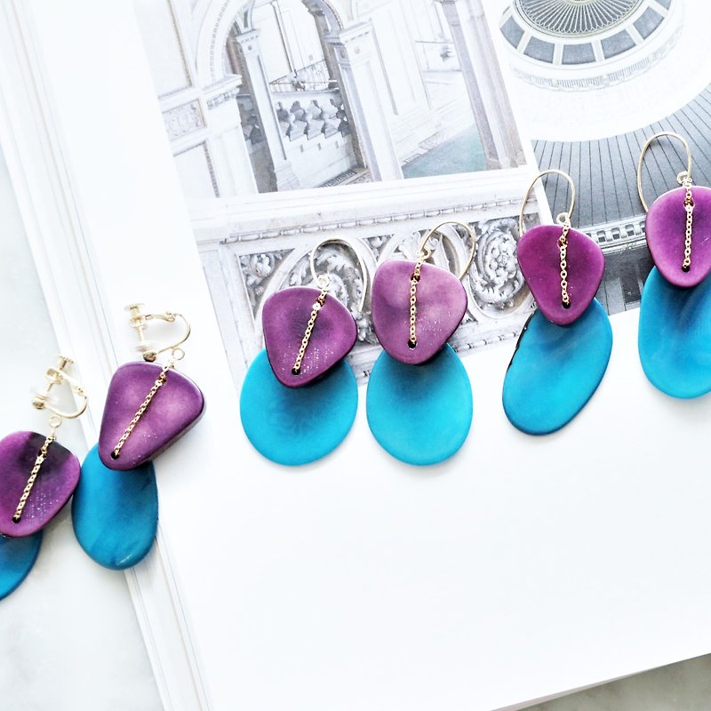 14kgf Purple x Turquoise Tagua Nuts slice pierced earring / earring - 耳环/耳夹 - 木头 紫色